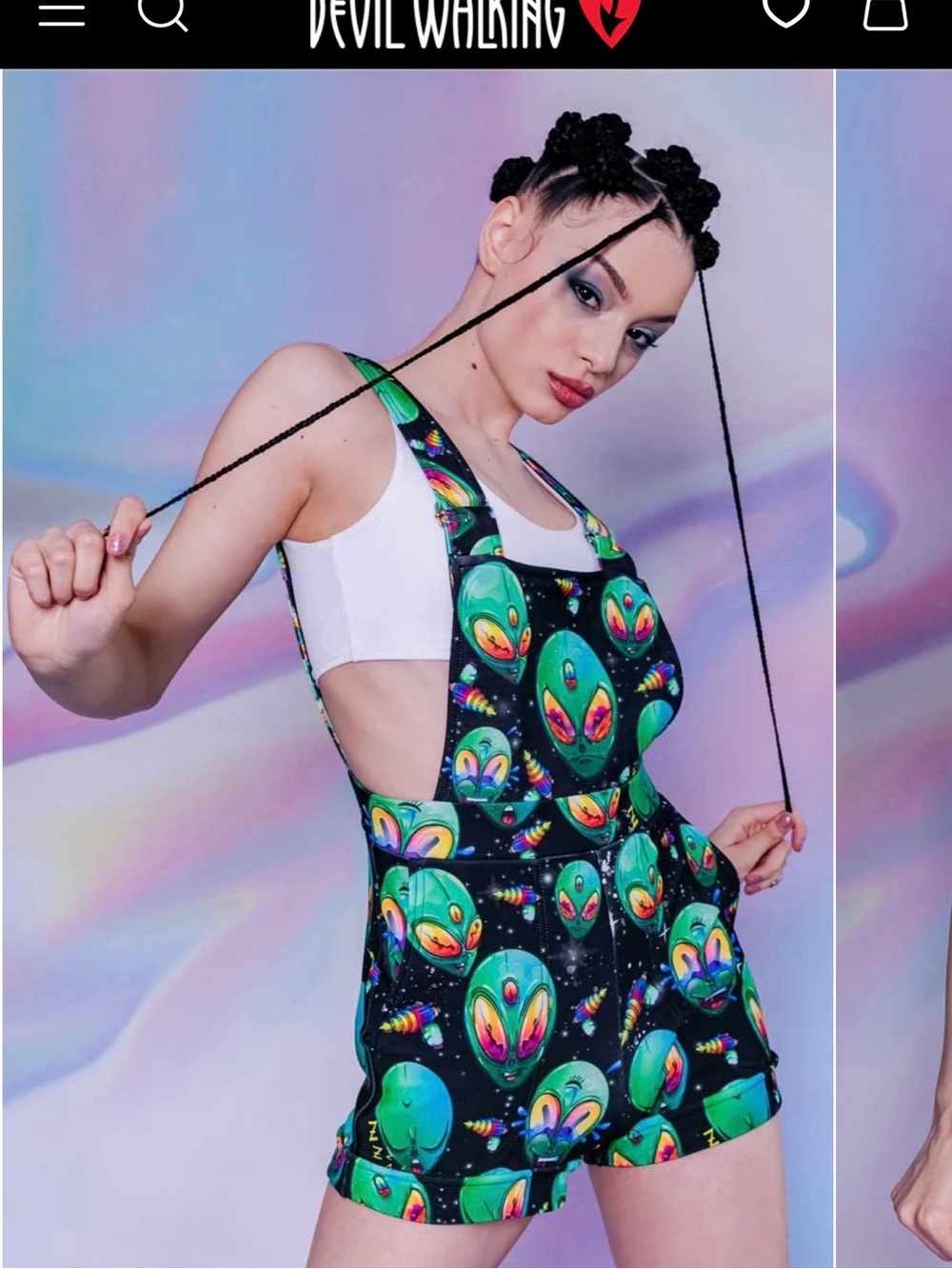 Devil Walking Green Alien Heads Shortalls Short Overalls Black Medium M